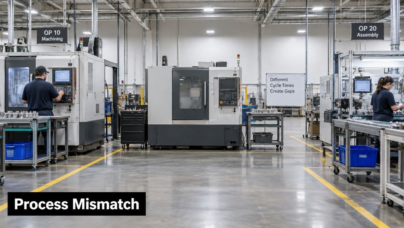 A manufacturing floor showing a process mismatch between a machining station and an assembly line workstation.