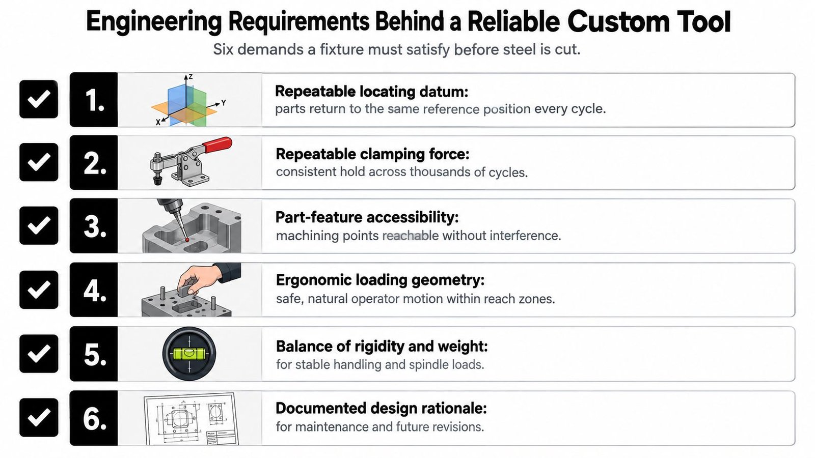 A list infographic showing six key engineering requirements for designing reliable custom machine tool fixtures.