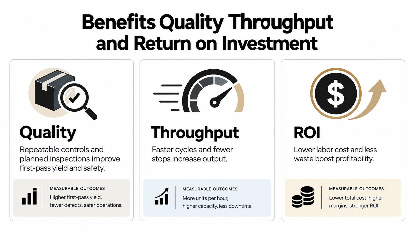 An infographic titled Benefits Quality Throughput and Return on Investment, detailing improvements in production efficiency and profitability.
