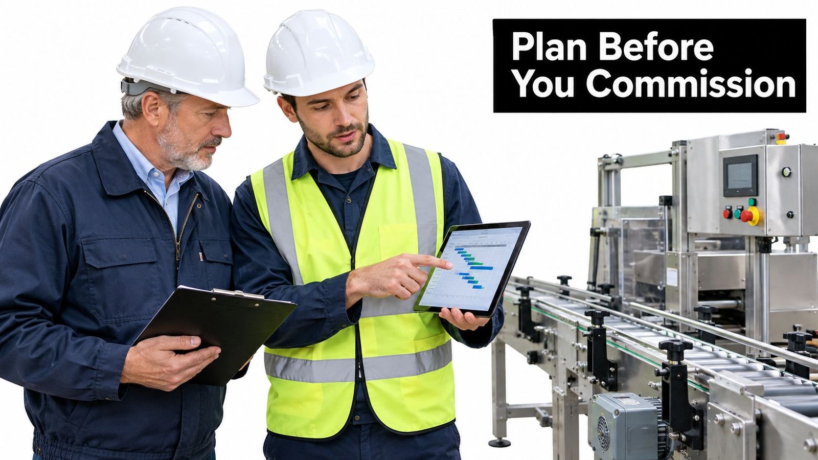 Two industrial engineers planning project timelines using a digital tablet near factory machinery for automation processes.