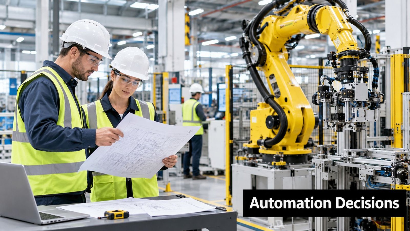 Two engineers in hard hats and safety vests reviewing technical blueprints inside a factory with an industrial robotic arm.