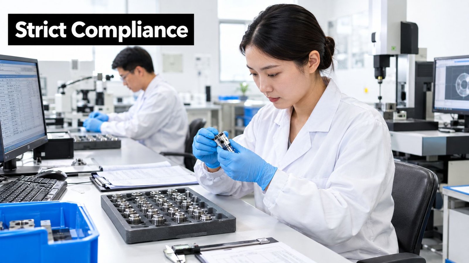 A male and a female technician in white lab coats inspecting precision metal components in a clean facility.