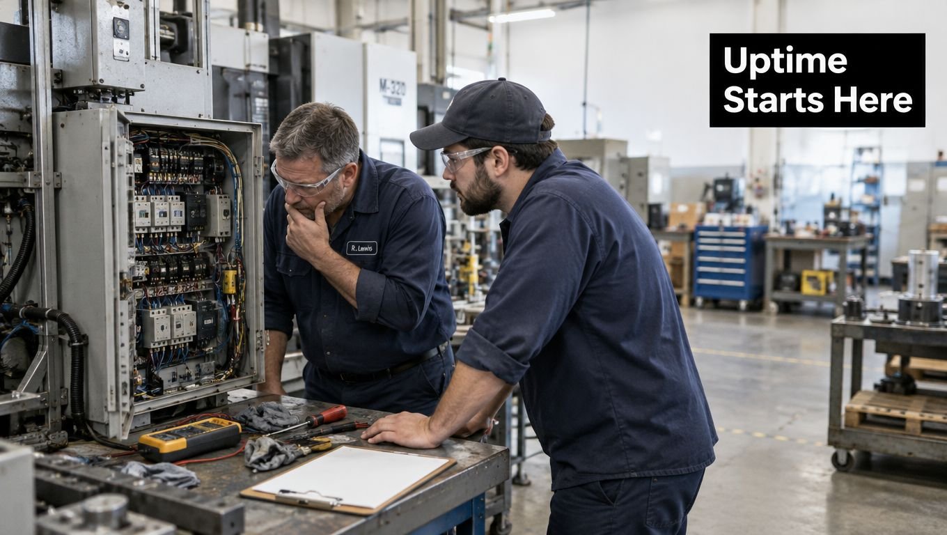 Two technicians in blue uniforms repairing a complex electrical control panel inside a large industrial factory.