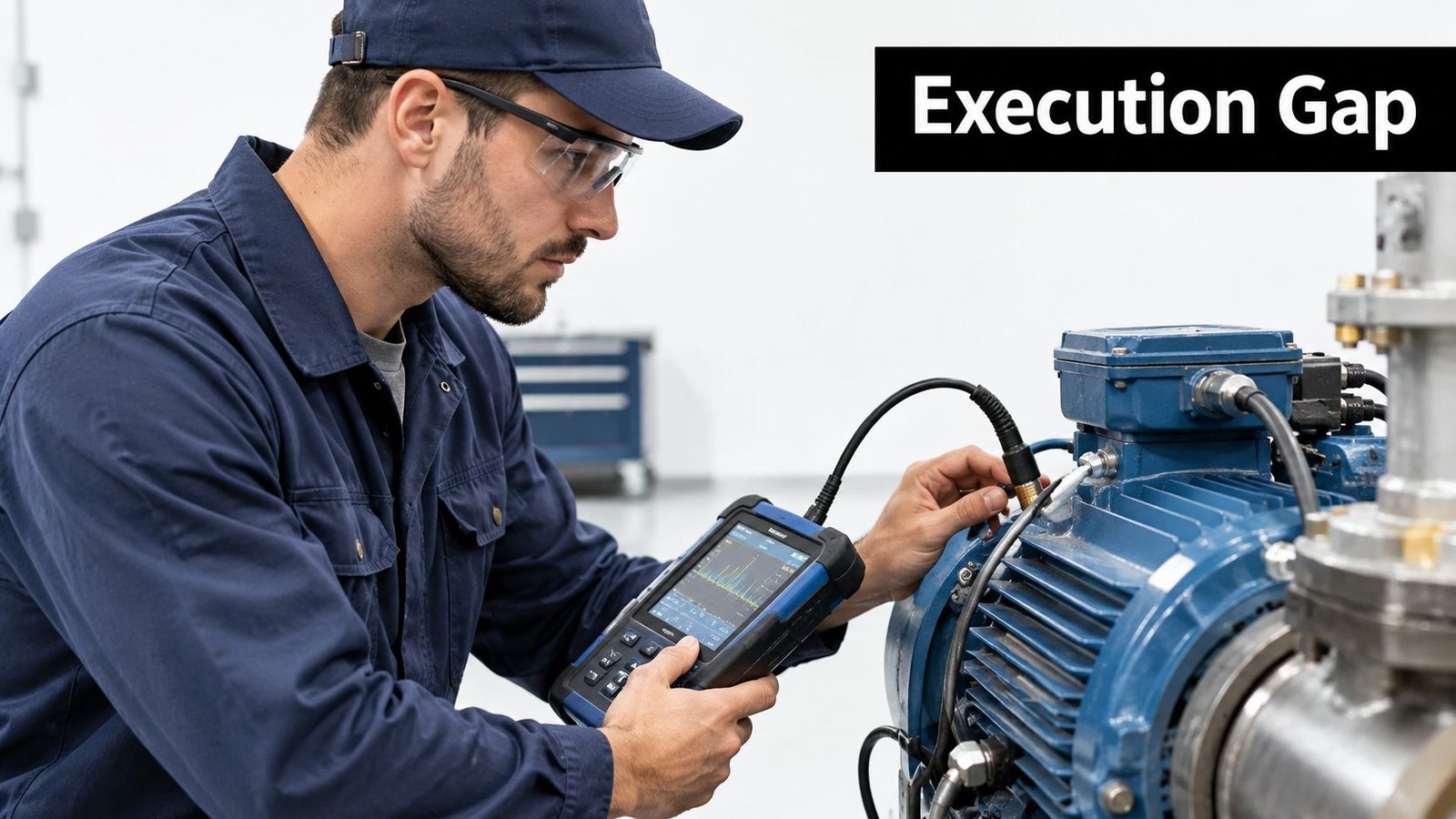 A technician wearing a blue uniform and safety glasses inspects industrial equipment using a handheld diagnostic device.
