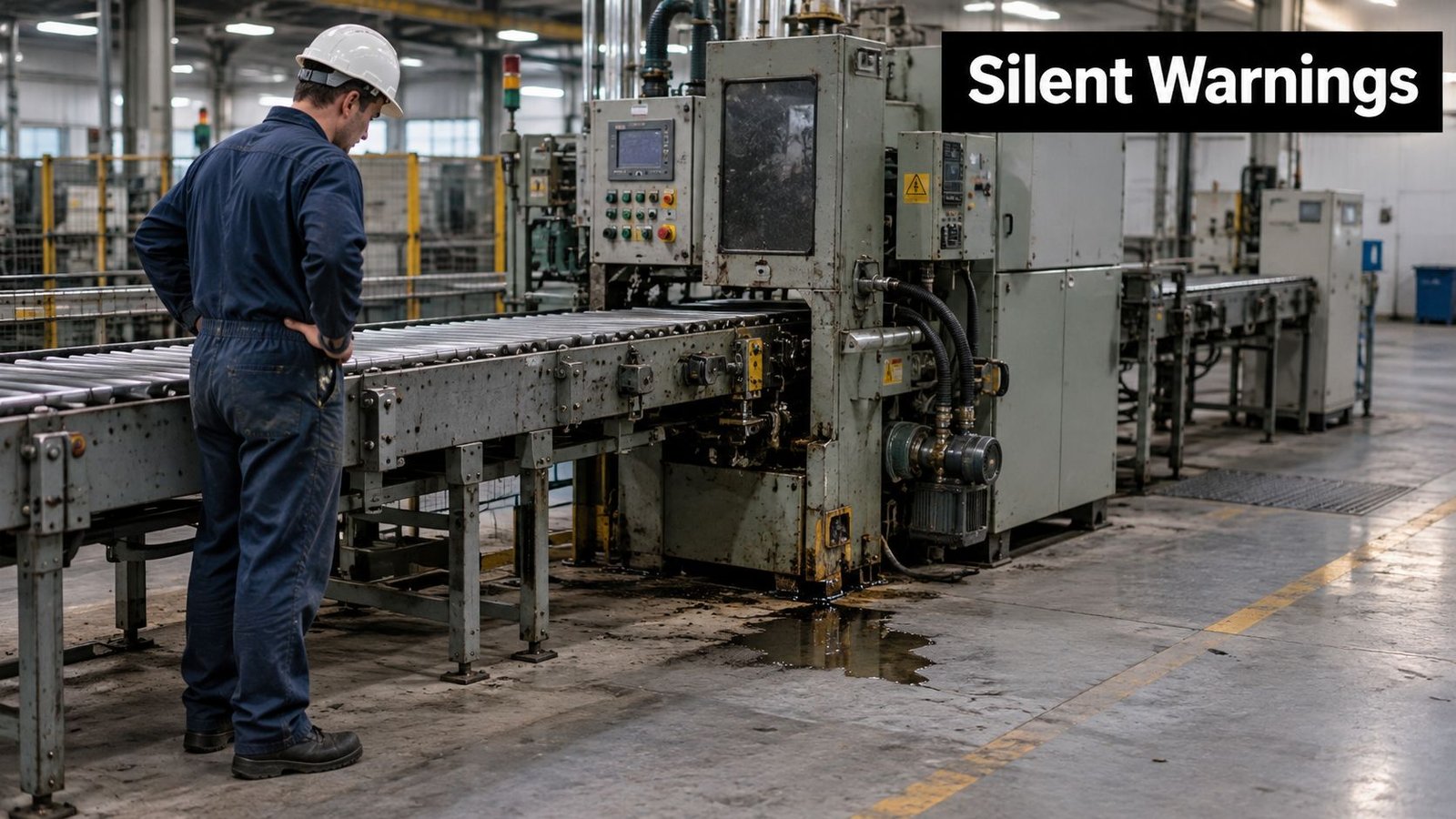 A factory worker in protective gear inspecting industrial machinery with a dark liquid leak on the floor.