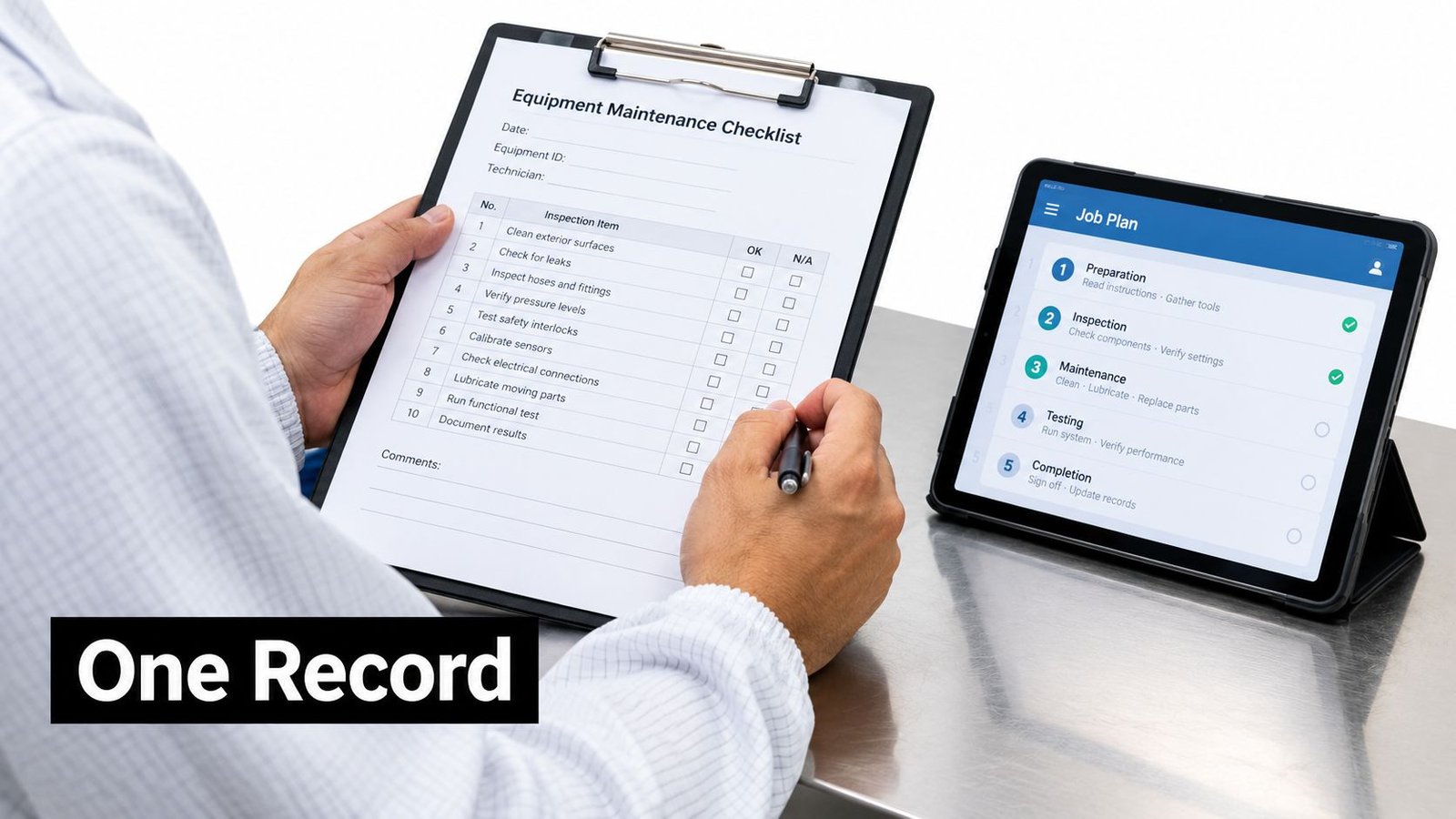A technician holding a clipboard with an equipment maintenance checklist next to a digital tablet screen.