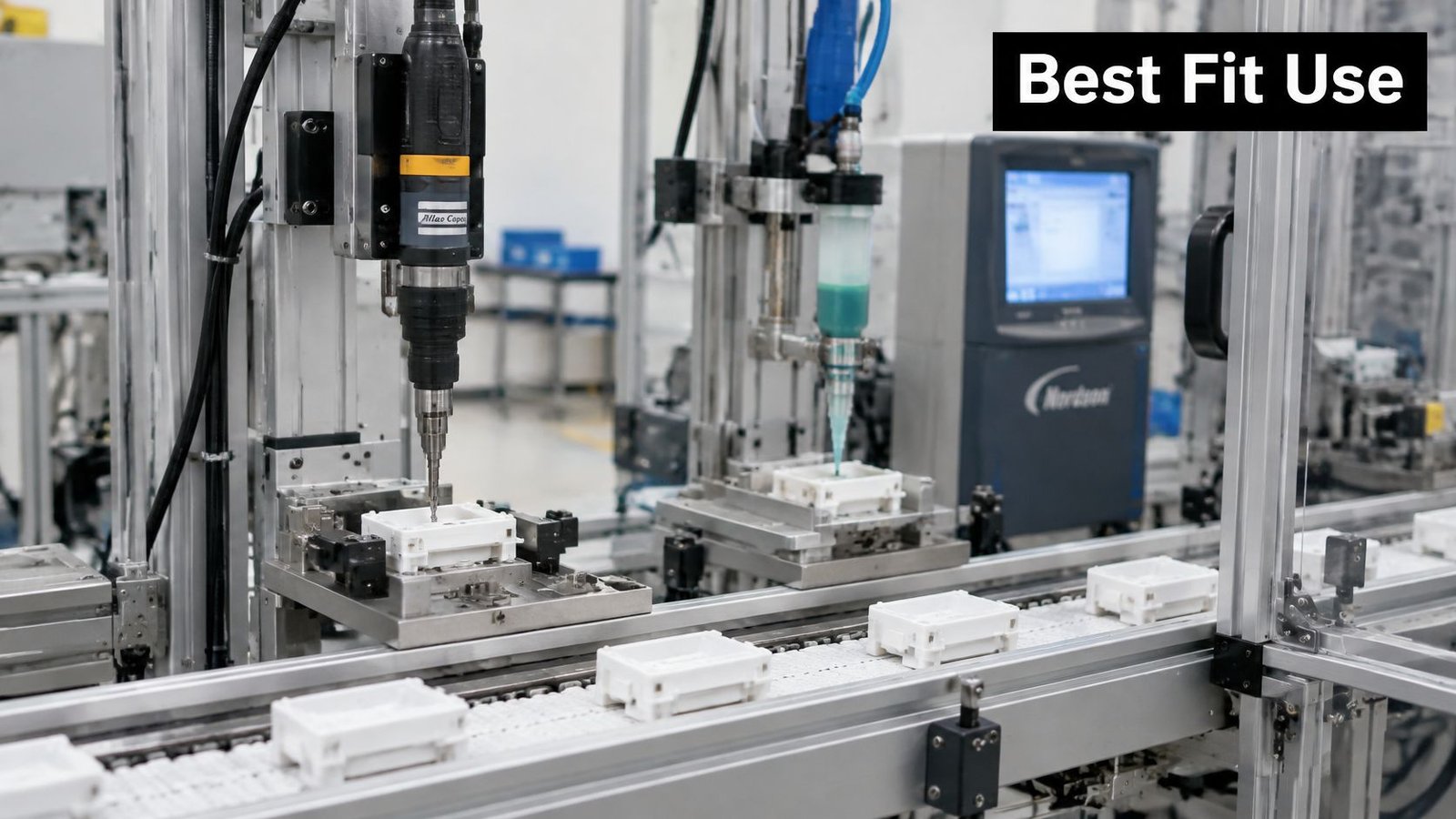 A fully automatic production line performing assembly and adhesive dispensing on small white plastic components.