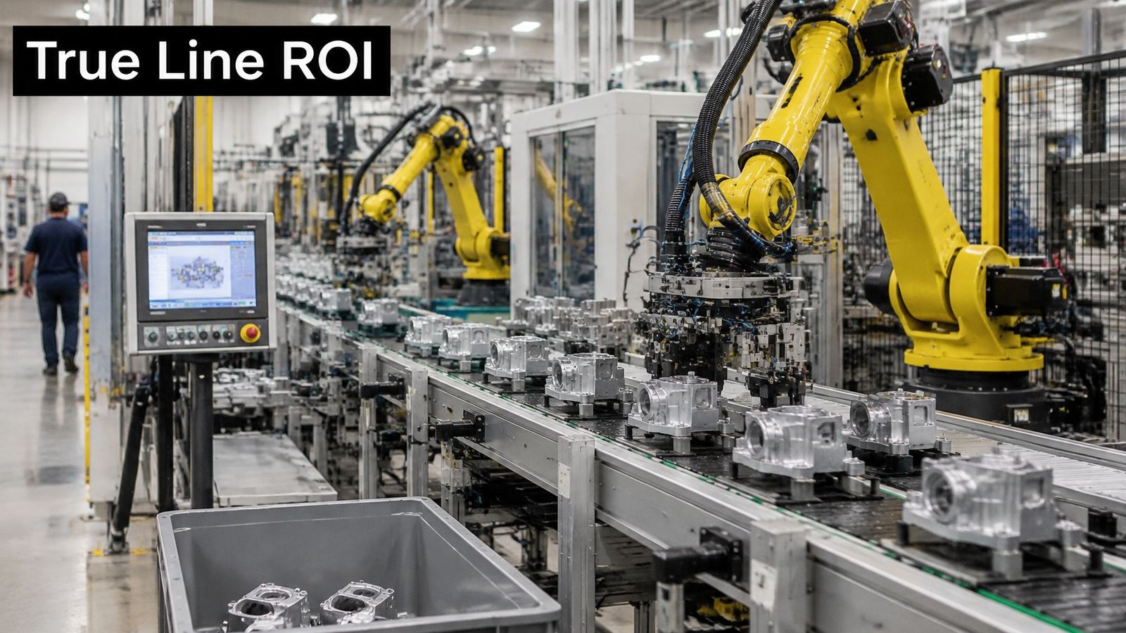 Yellow industrial robotic arms performing precise assembly tasks on a fully automatic production line in a factory.