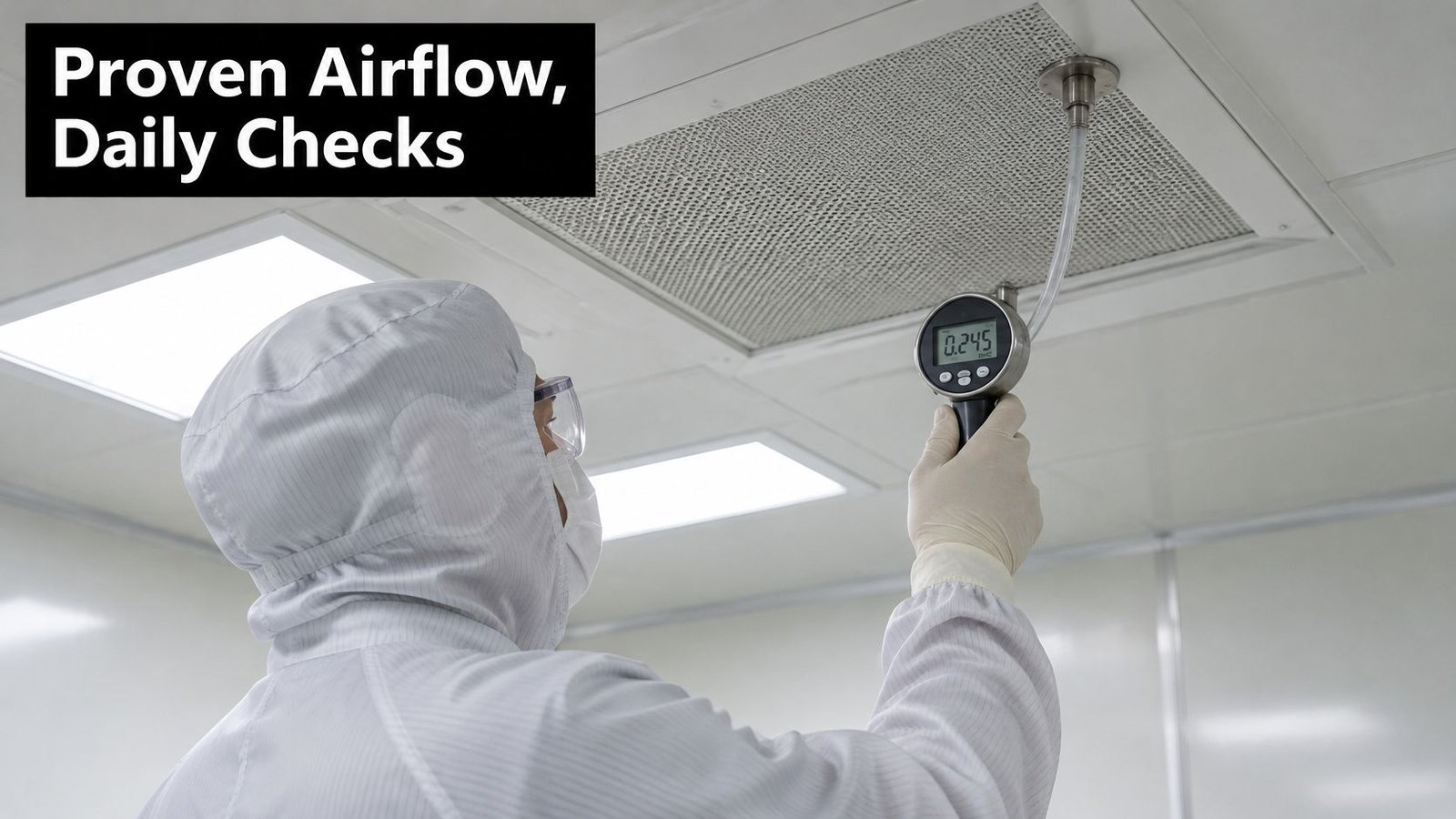 A technician in a sterile white cleanroom suit testing the airflow of an overhead filter using a gauge.