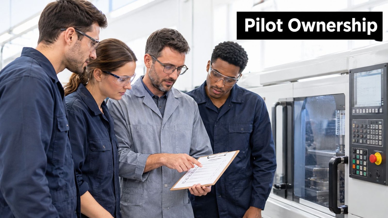 A diverse group of engineers in a factory reviewing a checklist together near industrial machinery.