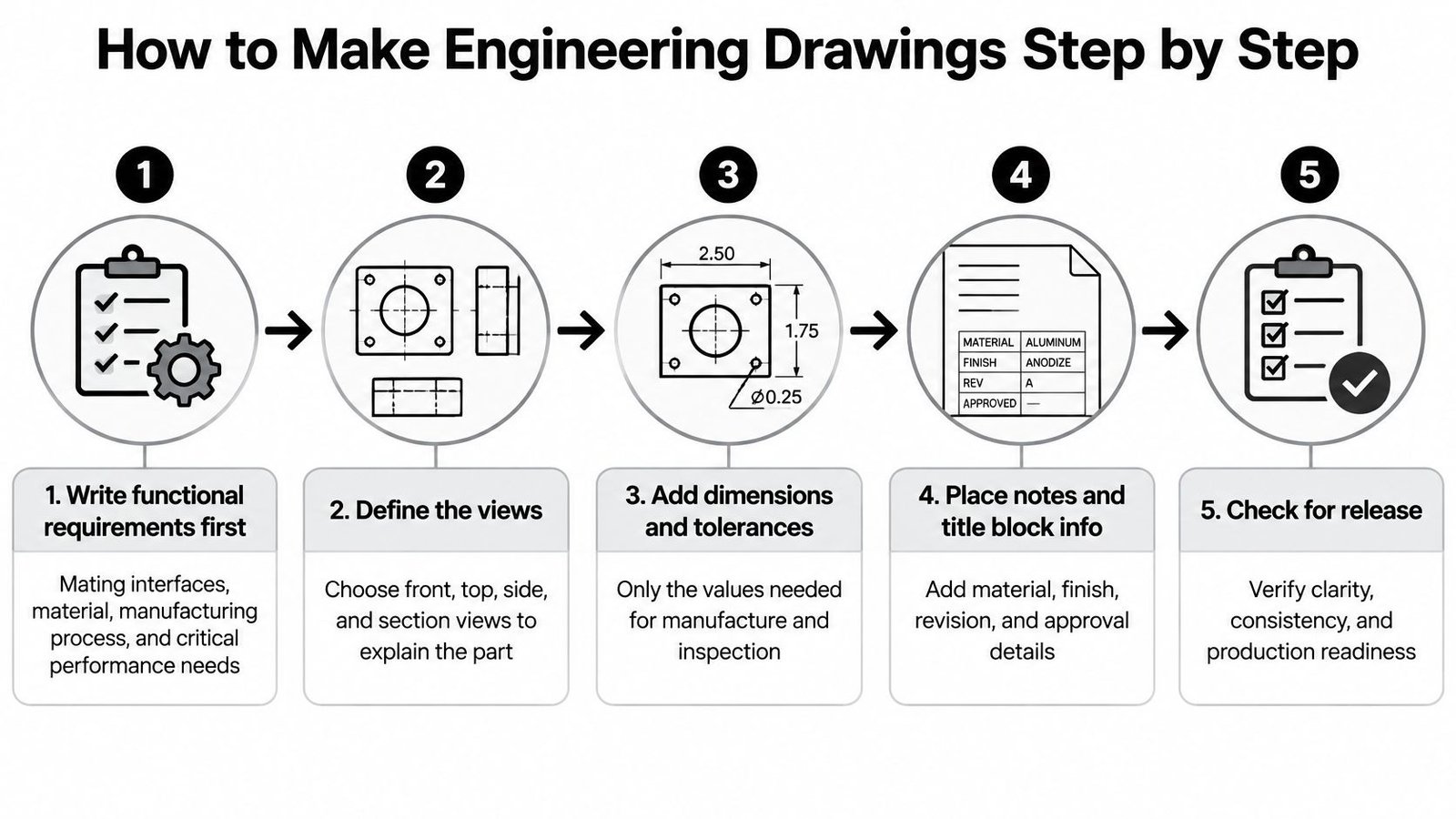 A five-step instructional diagram explaining the professional process for creating accurate and detailed engineering drawings.