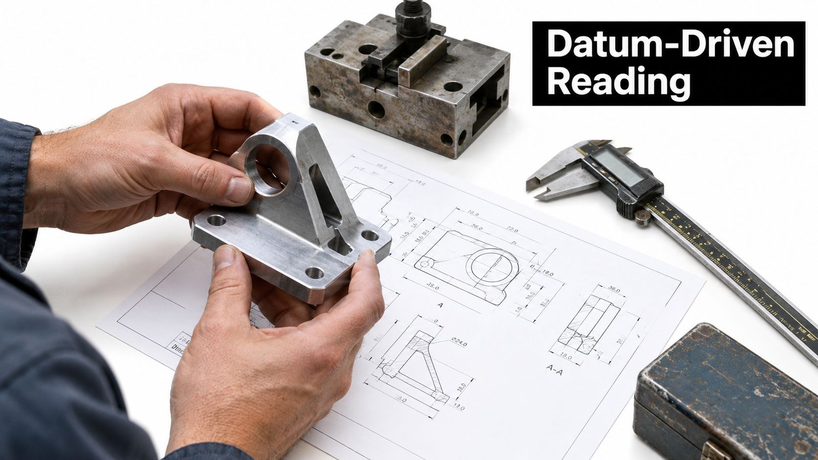 A technician examining a machined metal part against its detailed engineering drawing for quality control inspection.