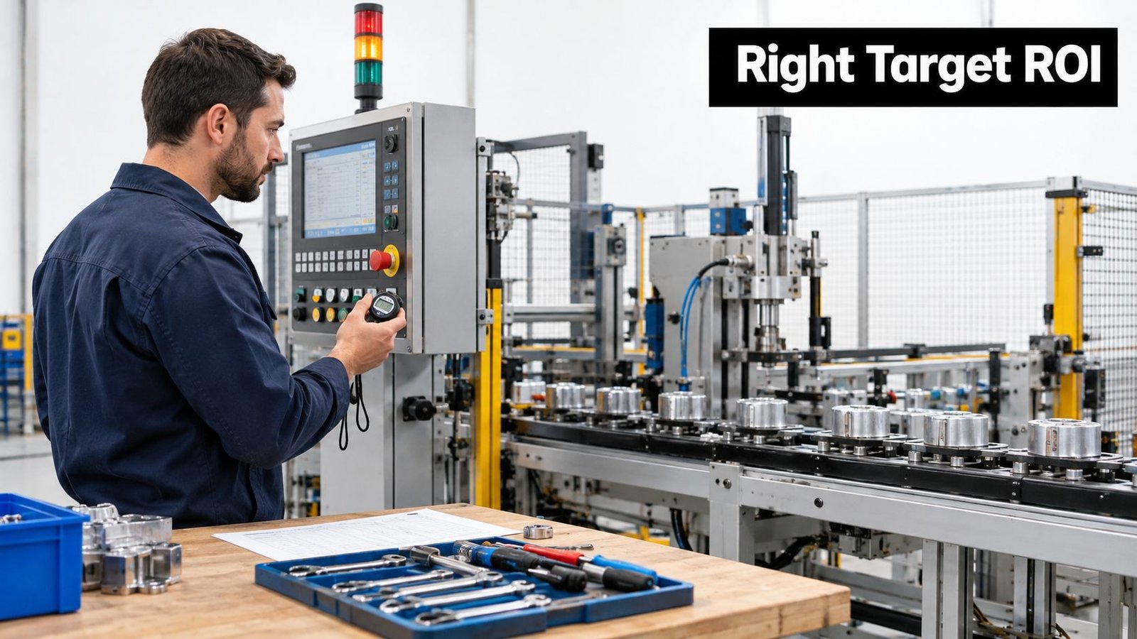 A technician using a stopwatch to monitor and reduce setup time on an industrial manufacturing production line.