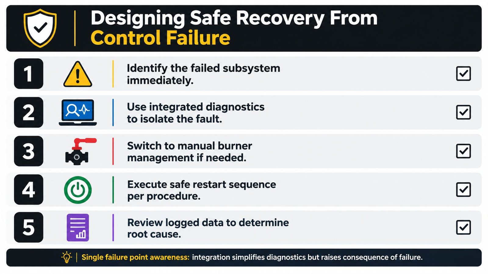 A five-step safety infographic on designing safe recovery procedures for industrial control failures in furnace systems.