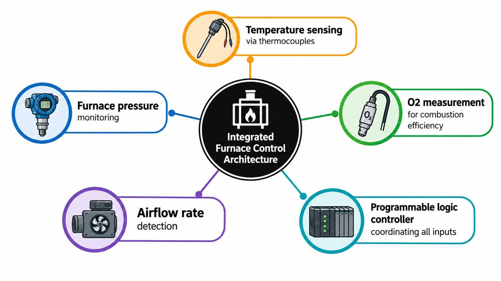 A diagram illustrating an integrated furnace control architecture with sensors and controllers for industrial heating systems.