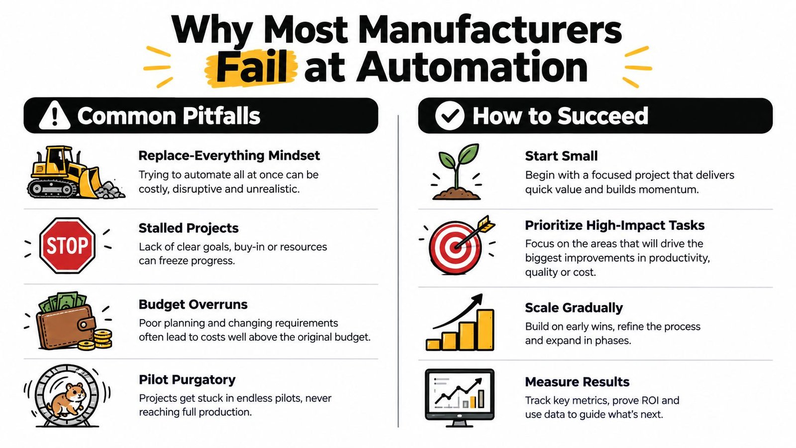 A comparison infographic showing common pitfalls versus best practices for successfully implementing automation in manufacturing companies.