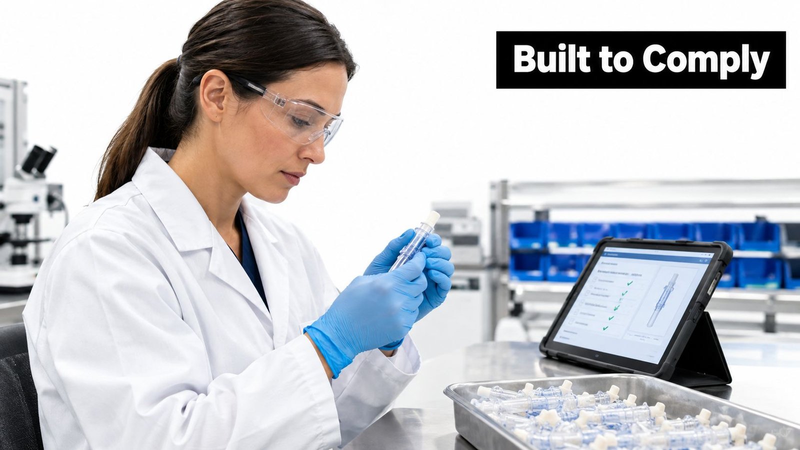A female scientist in a lab coat performing a quality inspection on a medical component device.