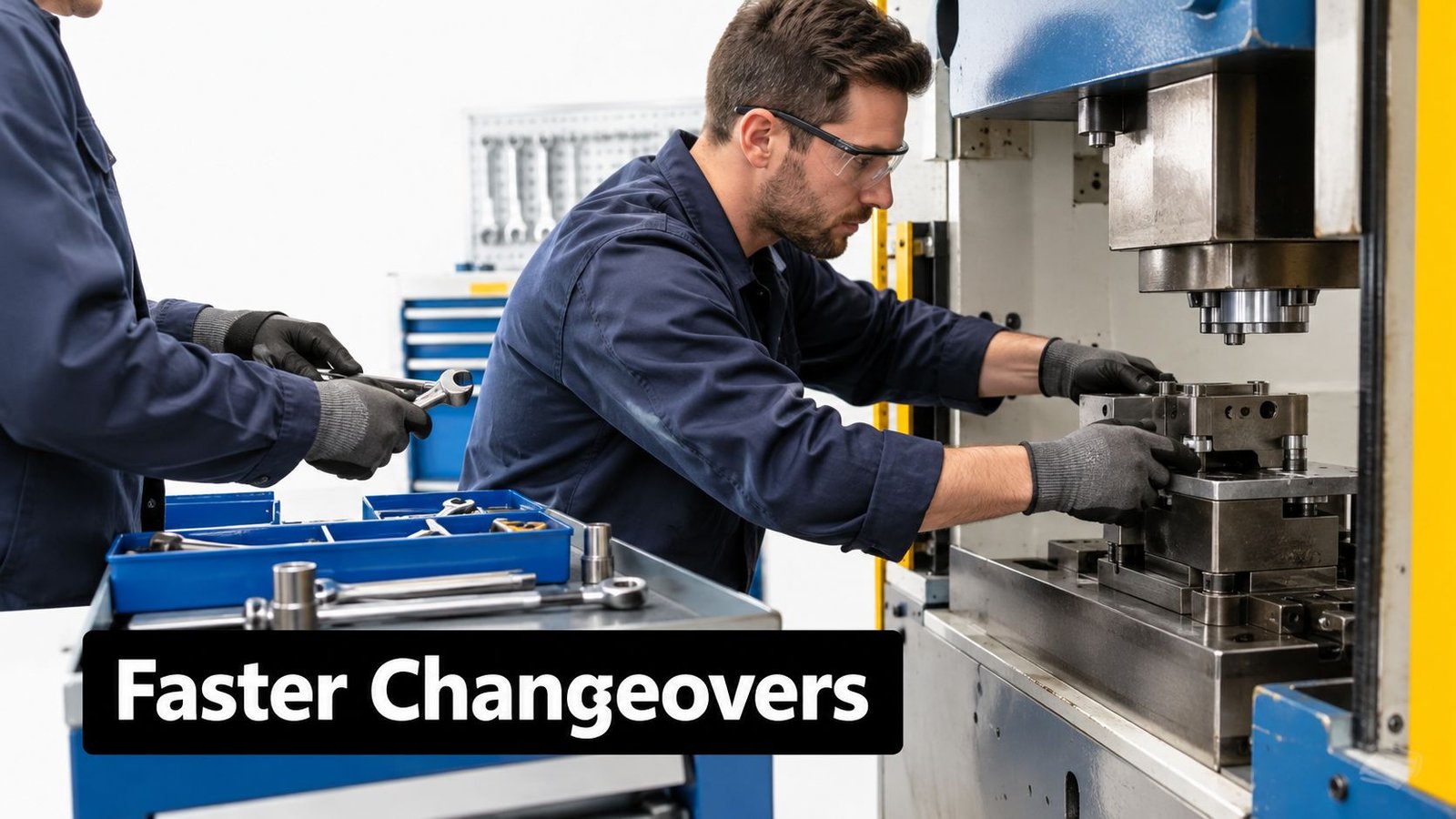 Two industrial technicians work together to perform a fast changeover on a metal stamping press machine.