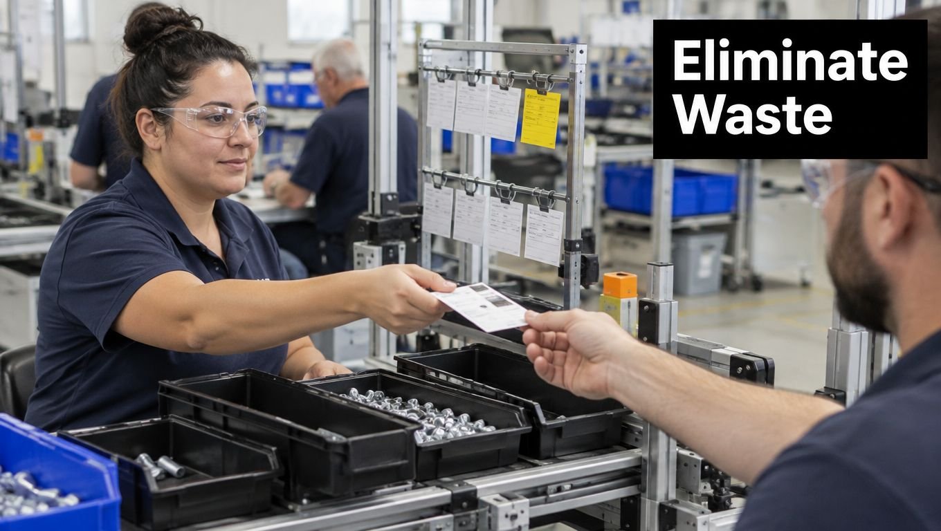A woman passing a document to a colleague in a manufacturing facility to eliminate production waste.
