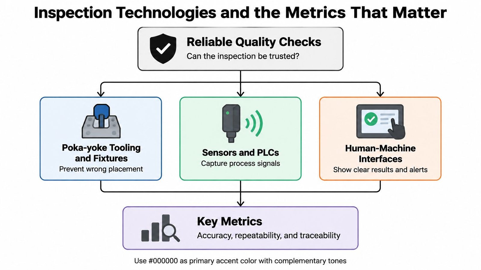 A diagram illustrating inspection technologies for quality control, including Poka-yoke tools, sensors, PLCs, and human-machine interfaces.