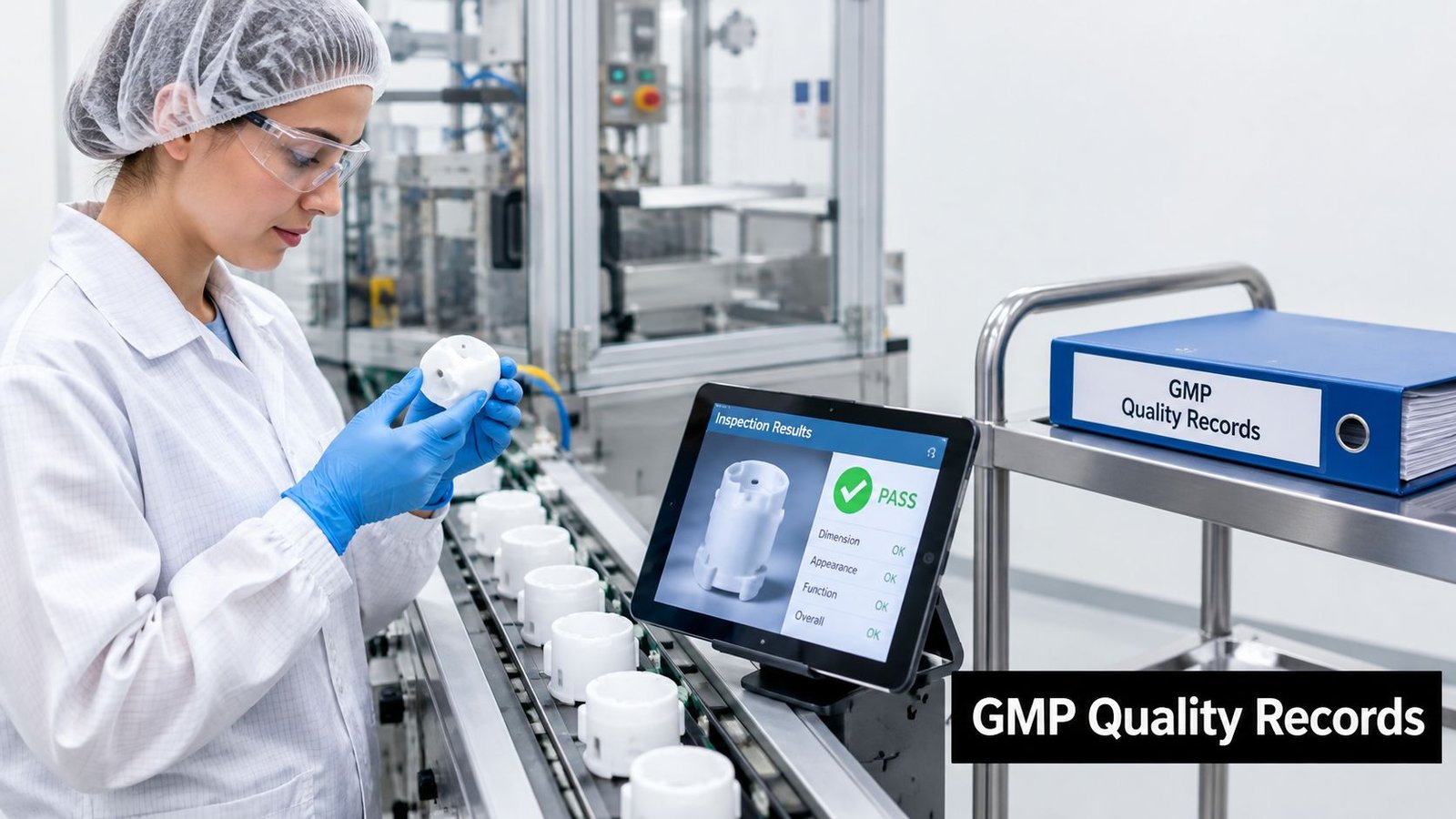 A quality control specialist examines a plastic component on an automated manufacturing inspection line in a laboratory.