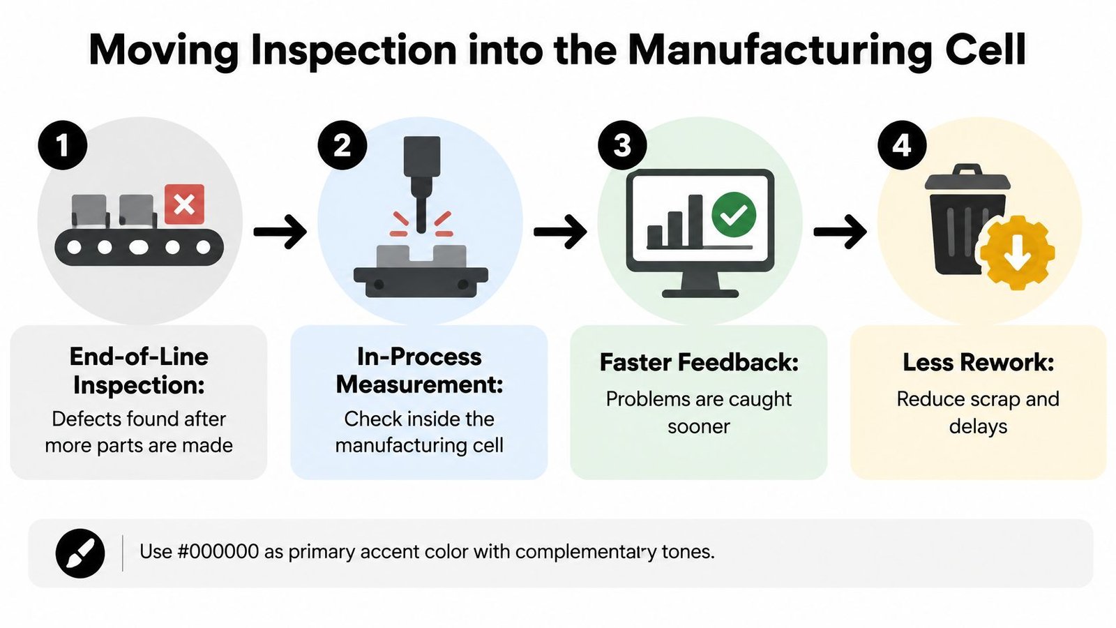 A four-step infographic illustrating the transition from end-of-line inspection to in-process manufacturing cell measurement for improved quality.