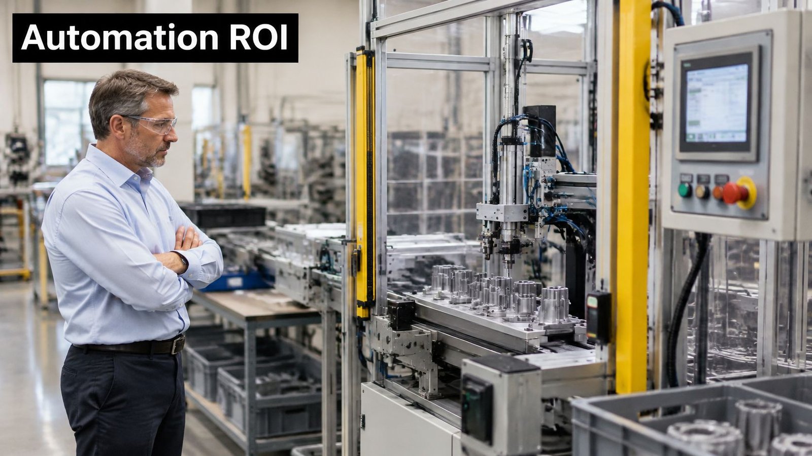 A professional manager observes an industrial manufacturing machine in a modern factory setting to evaluate automation.