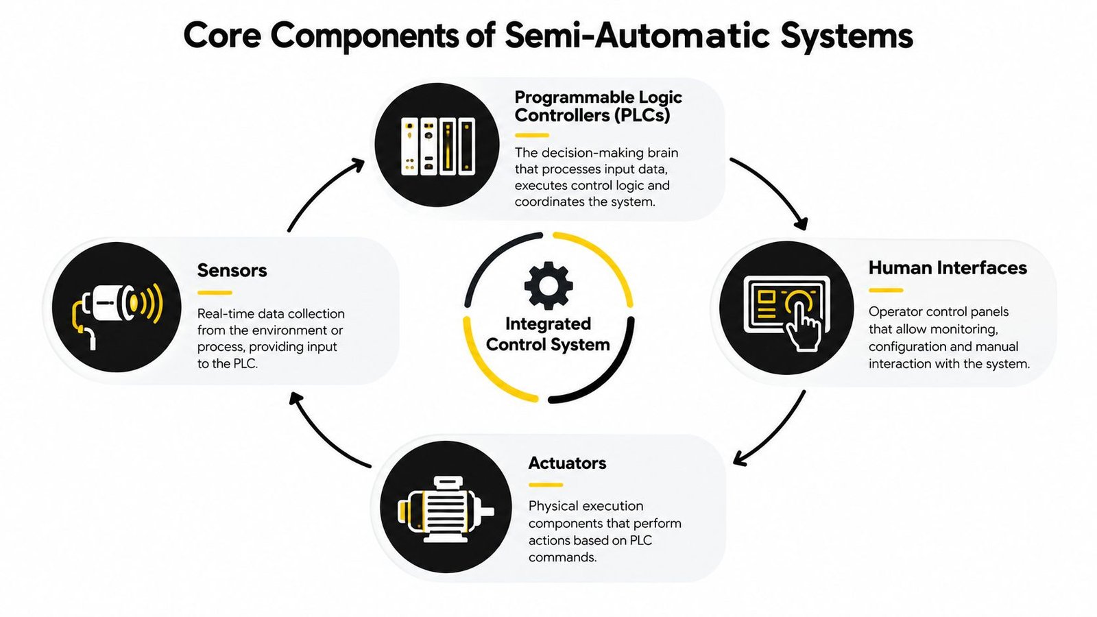 A diagram illustrating the four core components of a semi-automatic control system: sensors, PLCs, human interfaces, and actuators.