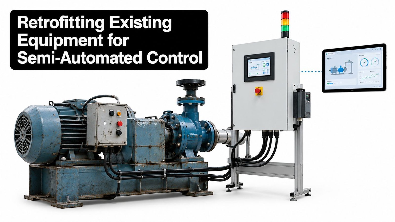 An industrial electric motor and pump retrofitted with a modern digital control cabinet and dashboard interface.