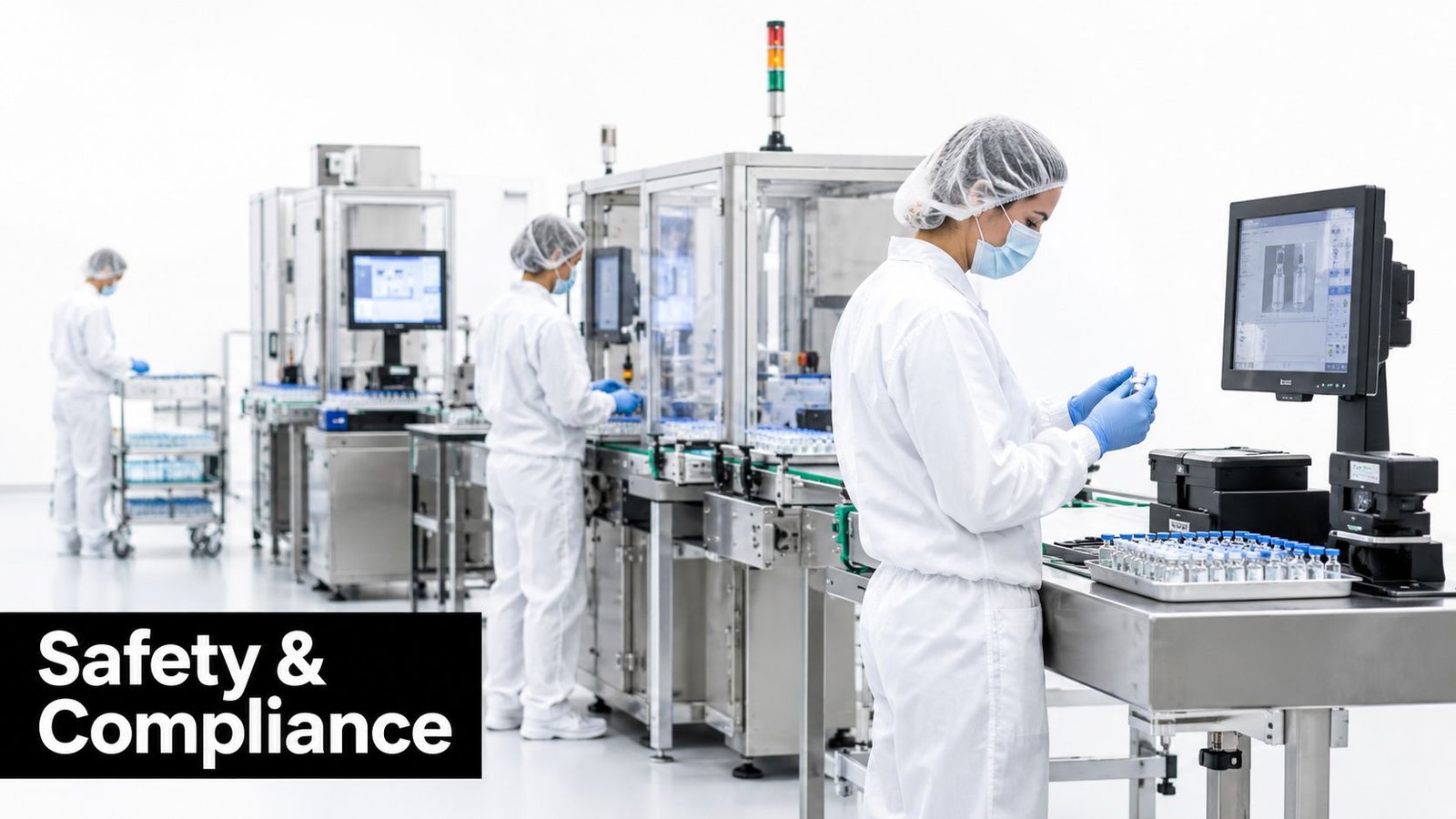 Workers in sterile protective gear monitoring a pharmaceutical production line with vials in a laboratory setting.