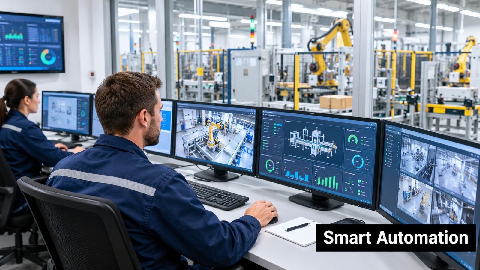 A technician monitors a smart automation factory production line through multiple computer screens in a control room.