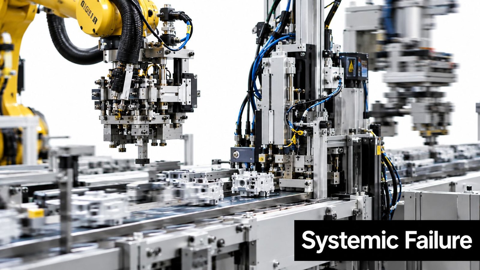 An industrial robotic assembly line featuring complex machinery and metallic components for automated manufacturing processes.