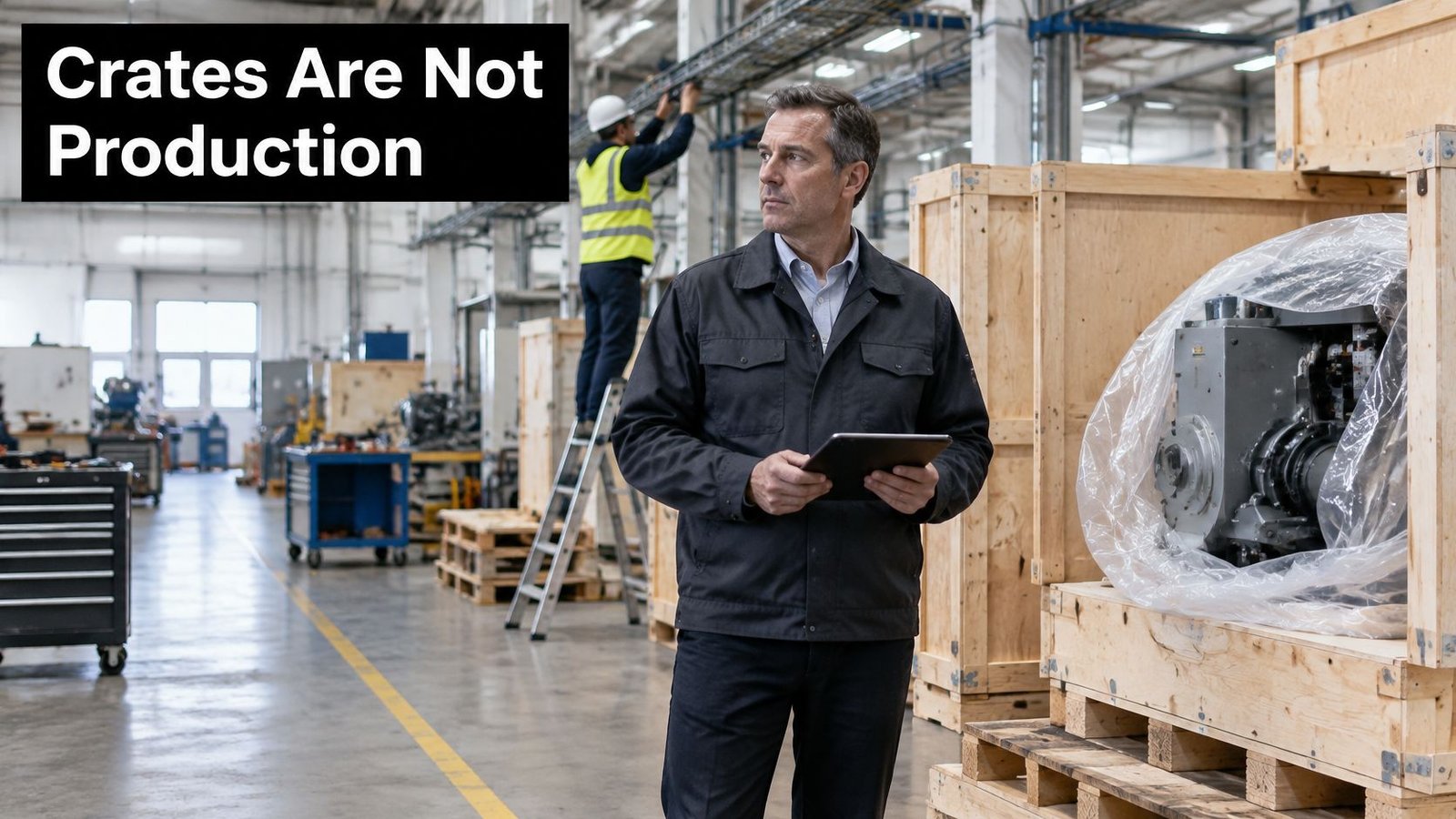 A manager in a warehouse reviewing a digital tablet while an employee works in the background.