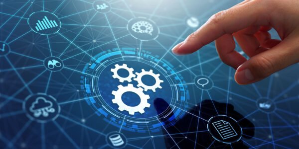 Automation of business or robotic process RPA technology. Transfer of data between application. Businessman touching gears icon on network connection.