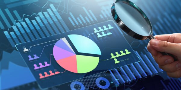 Digital and internet marketing analytics. Statistics data of market and customer research. Magnifying circle chart and graphs.