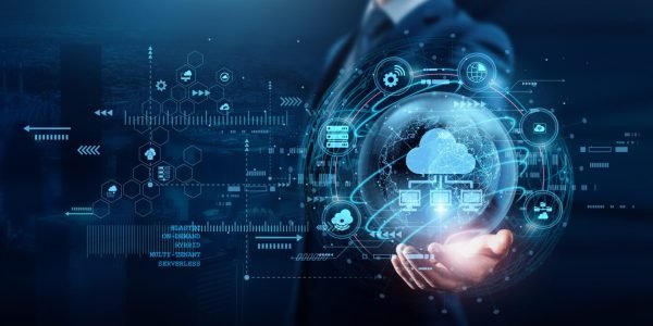 Businessman holding cloud computing solutions, transforming business operations with scalable and flexible resources. Organizations to access data anytime, anywhere, enhancing collaboration efficiency