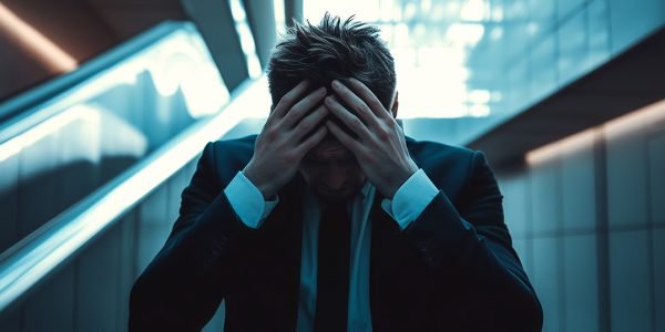 A business professional appears composed, yet their transparent overlay holds their head in despair, symbolizing hidden stress and emotional struggle in the corporate world. Generative AI.
