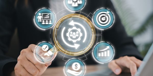 Digital interface illustrating human resource management with business icons, symbolizing modern workplace efficiency and strategy.