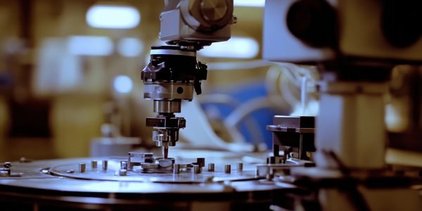 A close-up view of advanced precision machinery in a manufacturing facility. Highlighting intricate details, this setting showcases the integration of technology.