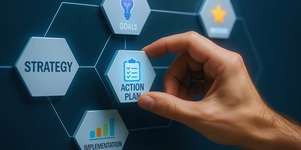 Action plan strategy goals implementation business hand planning checklist success concept management organization target progress development teamwork chart growth idea motivation vision