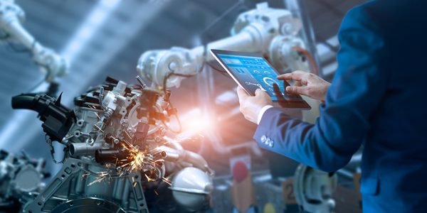 Manager engineer check and control automation robot arms machine in intelligent factory industrial on real time monitoring system software. Welding robotics and digital manufacturing operation.