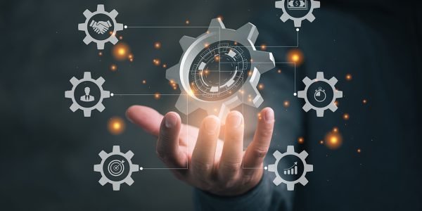 Business process management and workflow automation diagram with gears and icons with connection line network in background. Manager touching interface