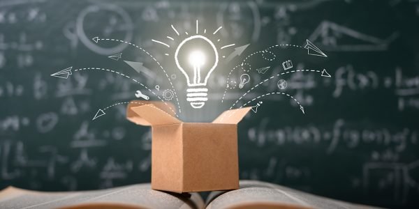 think outside the box on school green blackboard . startup  education concept. creative idea. leadership.