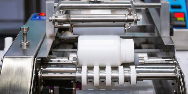 White plastic bottle on small tabletop bottle sticker labeling machine for medicine and pharmaceutical industry.