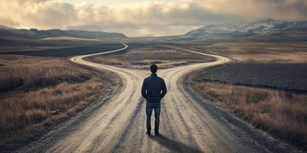 Man at crossroads deciding path on uncertain day making life choices. Concept Decision Making, Crossroads, Life Choices, Uncertainty, Path Ahead hyper realistic --ar 16:9 --v 6.1 Job ID: 2ba8da7e-fde1-4244-aa4e-5090a46ab502